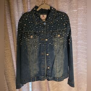 Quacker Factory Jean Jacket size XLarge Silver Pearl Embellished Dark Blue Denim